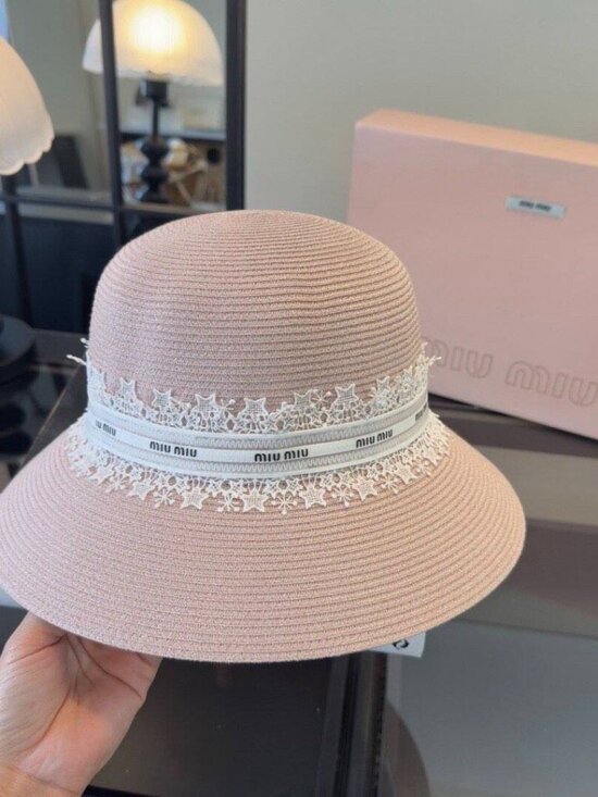Miu Miu Pink Straw Bucket Hat with Lace Trim main image 8